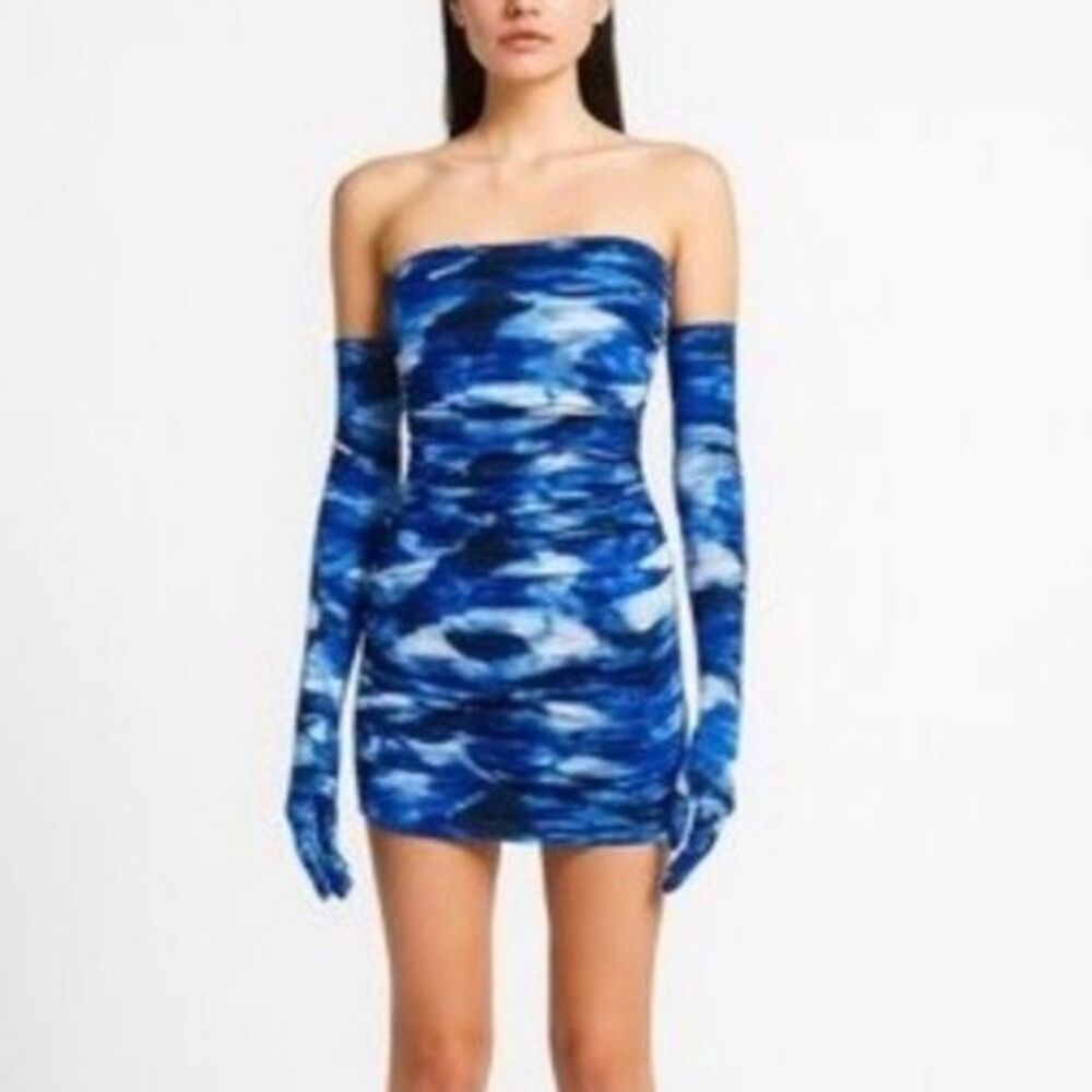 Miscreants London Cupid NIB Blue Tie-Dye Strapless Mini Dress and Gloves Sz 6